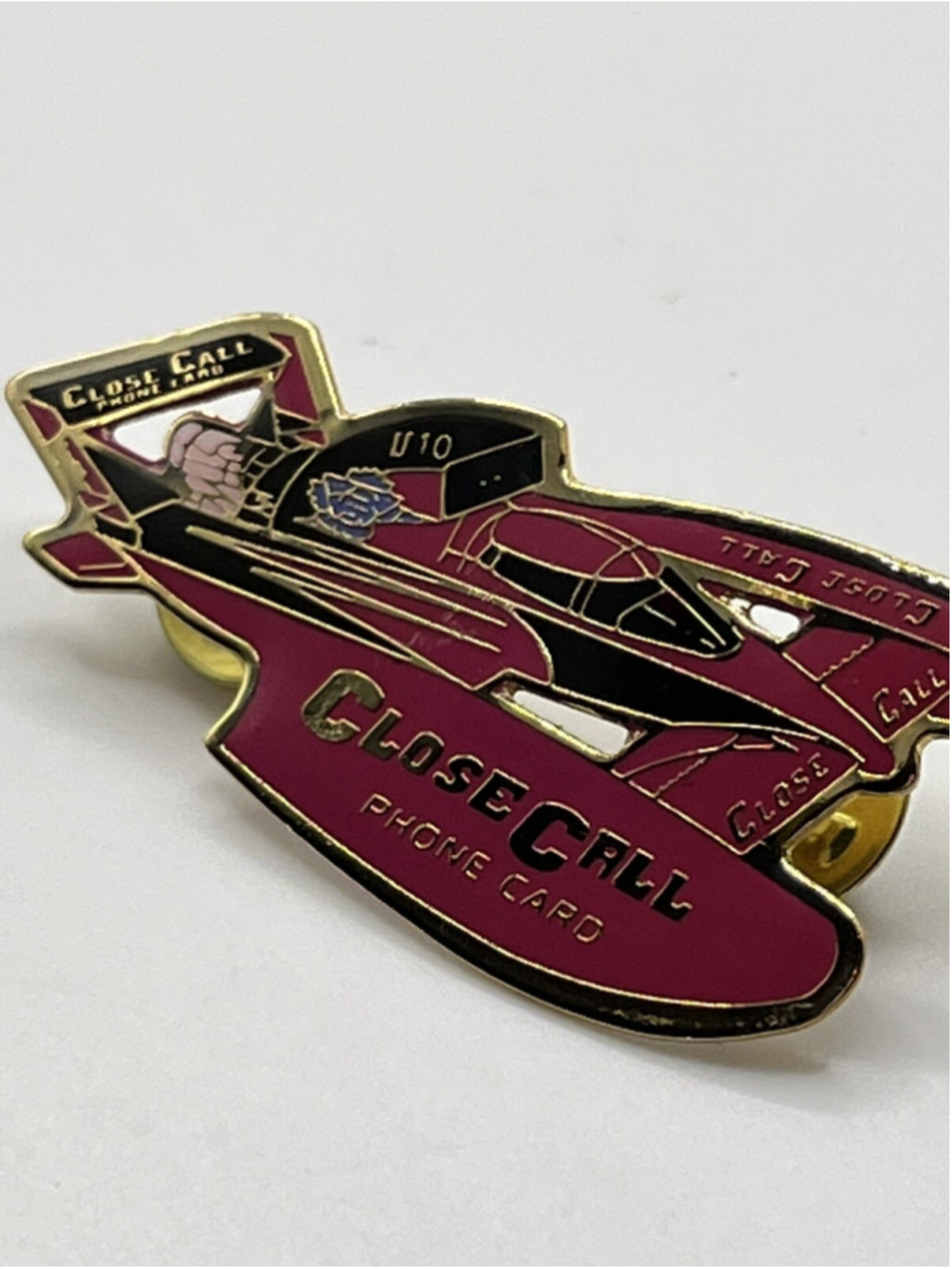 VTG1997 CLOSE CALL large figural boat tack pin pinback button Hydroplane racing